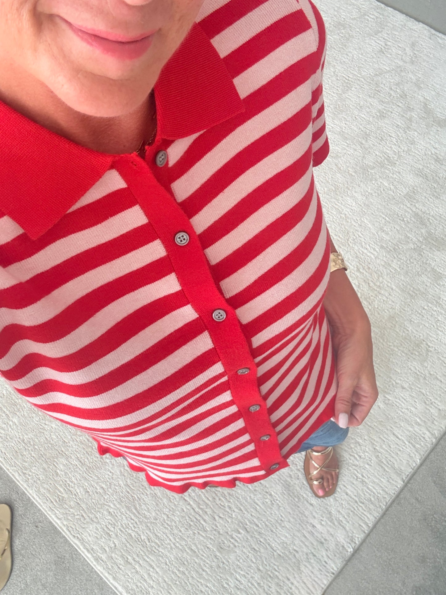 Pink/Red Stripe Knit Polo S/S Cardigan