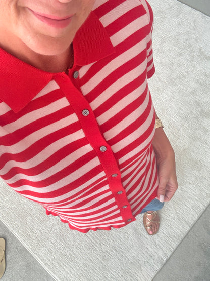 Pink/Red Stripe Knit Polo S/S Cardigan