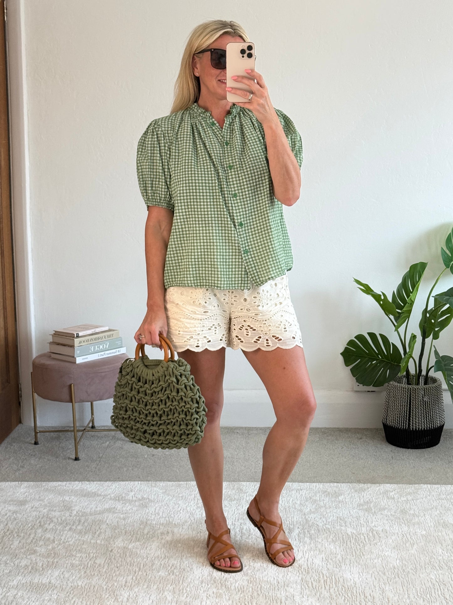 Khaki Gingham Frill Sleeve Blouse