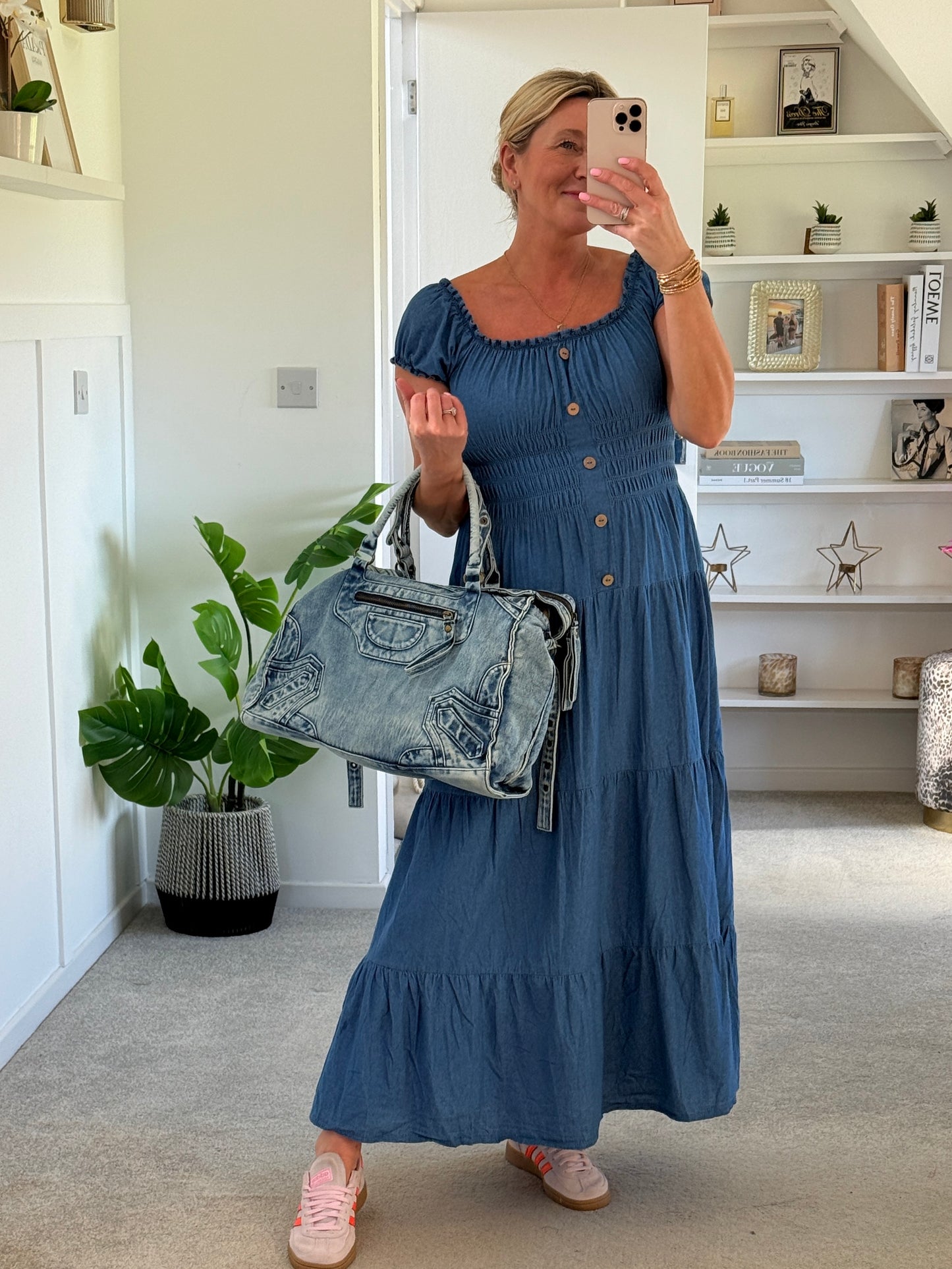 Blue Denim Bardot Tiered Maxi Dress
