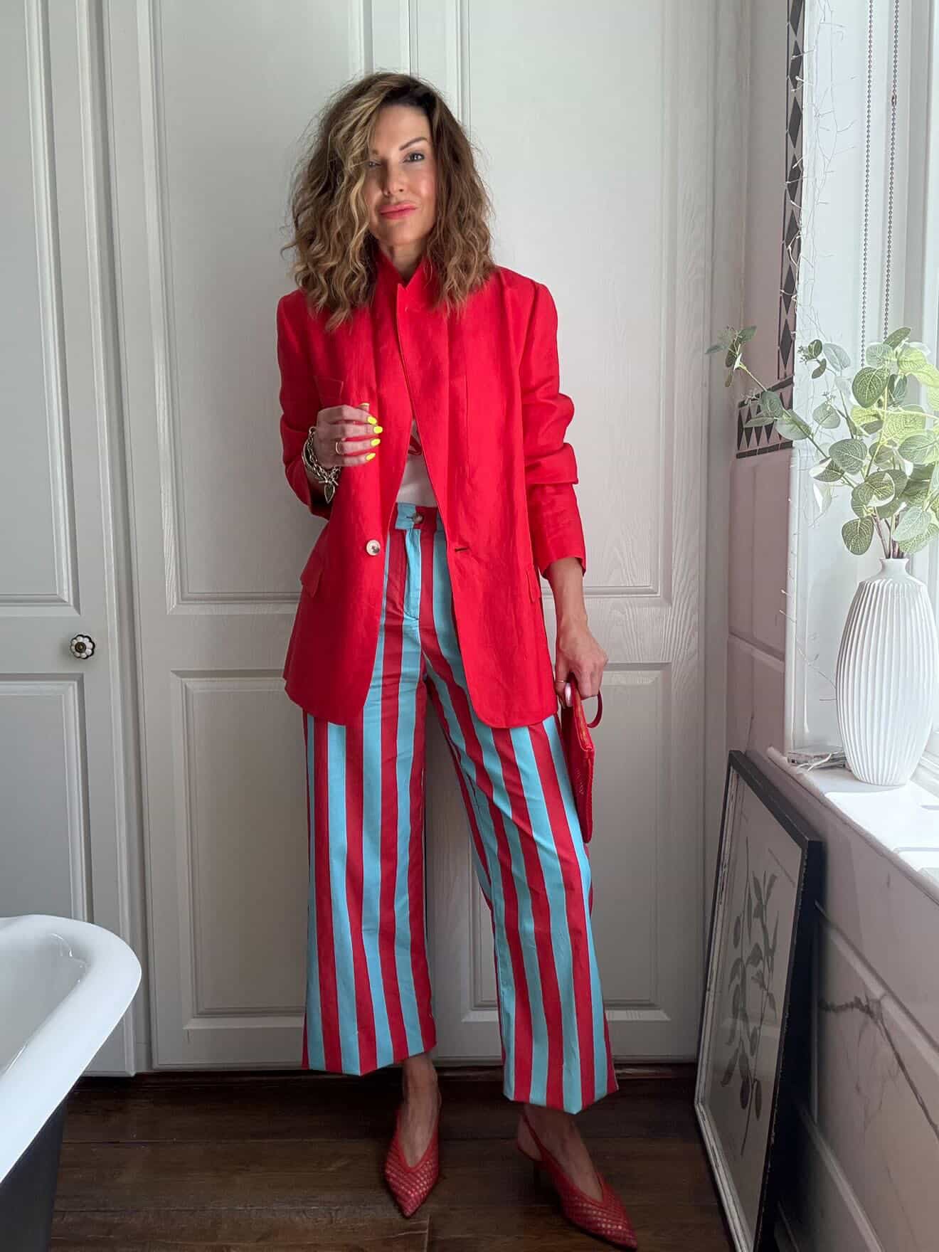 Red/Turquoise Blue Stripe Trousers