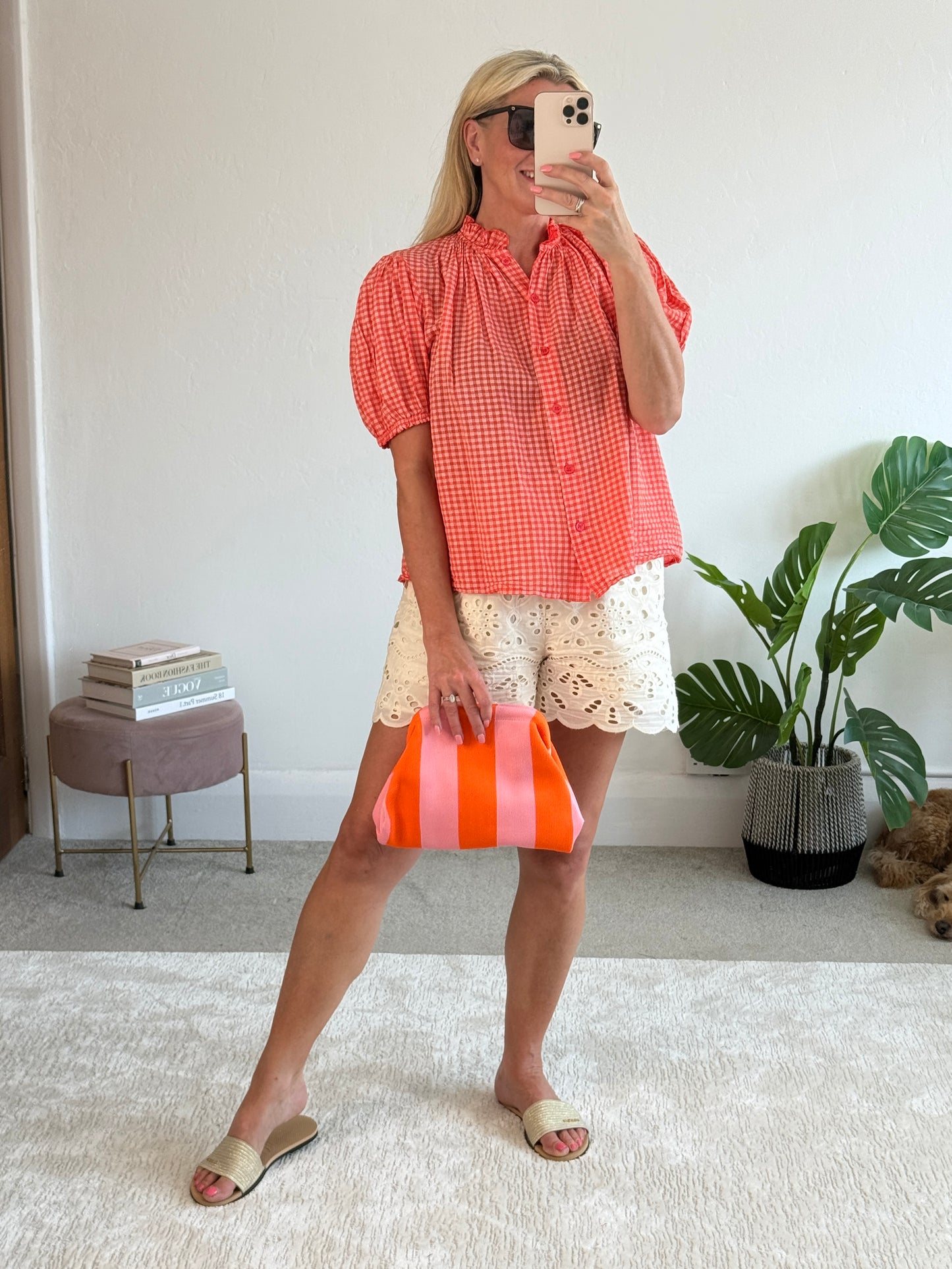 Coral Gingham Puff Sleeve Blouse