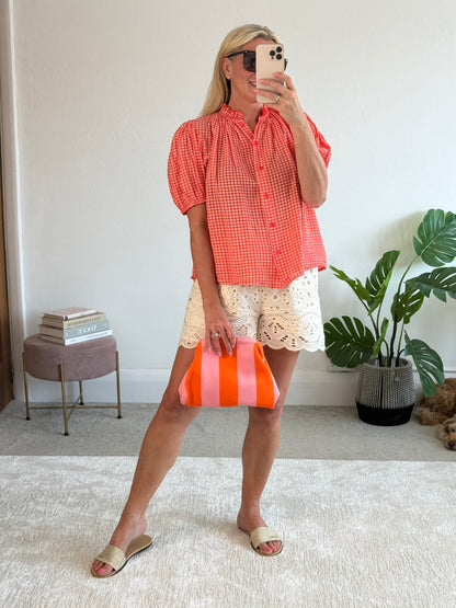 Coral Gingham Puff Sleeve Blouse