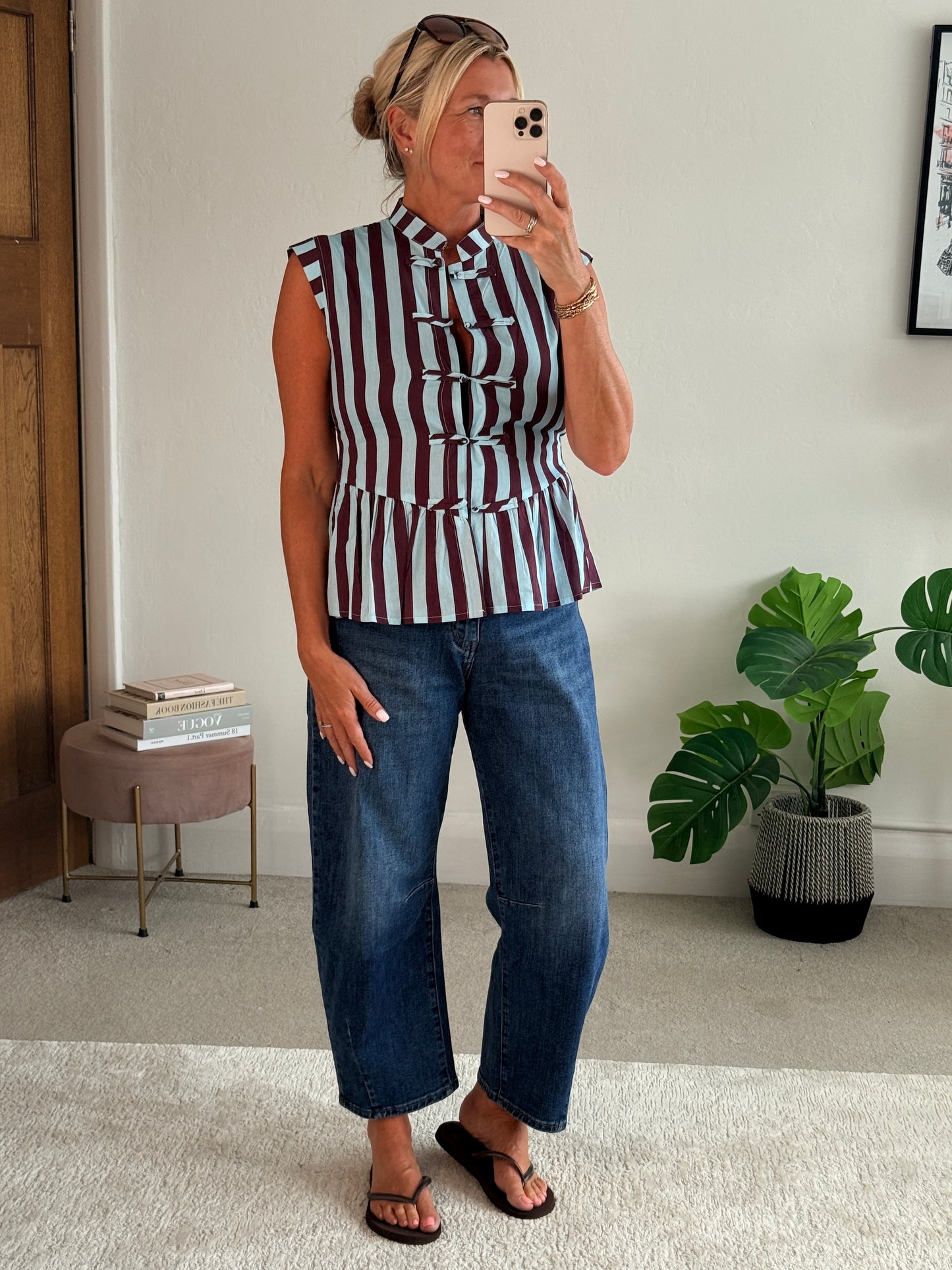 Blue/Plum Mandarin Collar Stripe Peplum Top