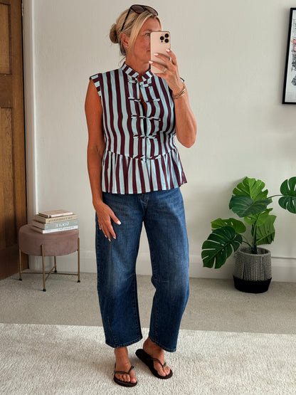 Blue/Plum Mandarin Collar Stripe Peplum Top