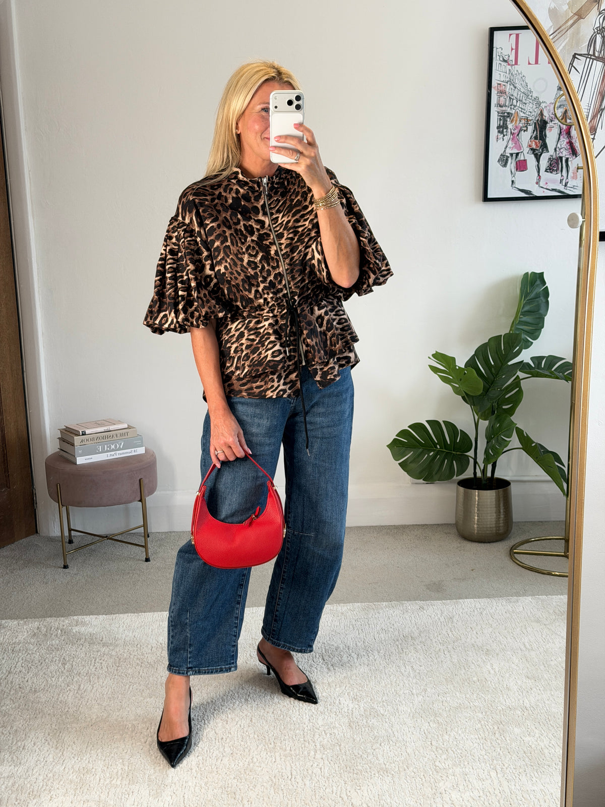 Leopard Balloon Sleeve Peplum Jacket