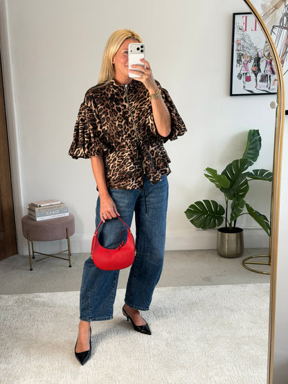 Leopard Balloon Sleeve Peplum Jacket