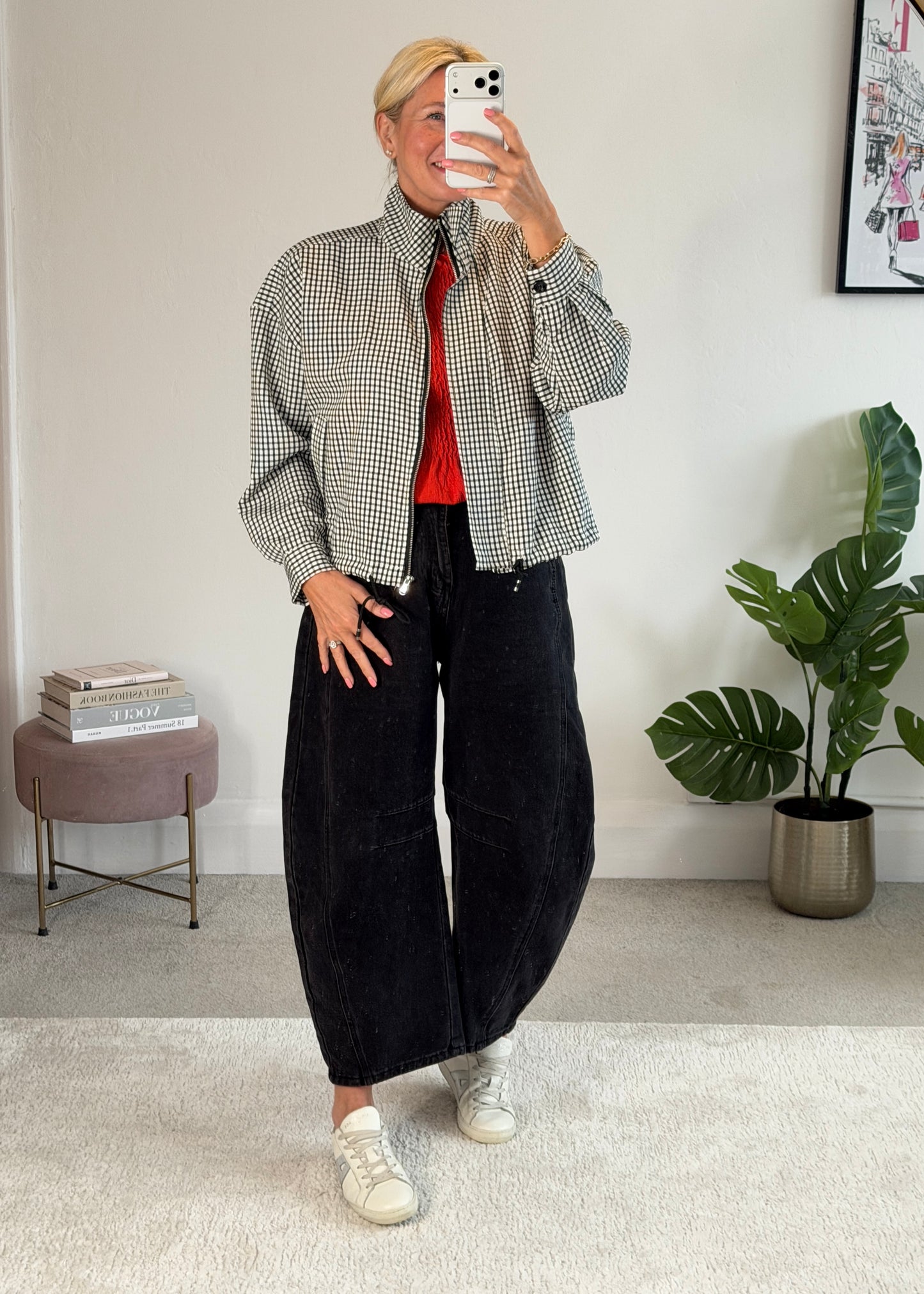 Black Check Funnel Neck Jacket