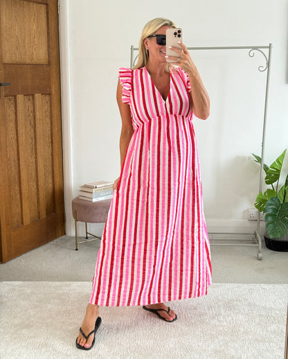 Pink/Red Stripe Cheesecloth Frill Sleeve Maxi Dress (Pre-Order)