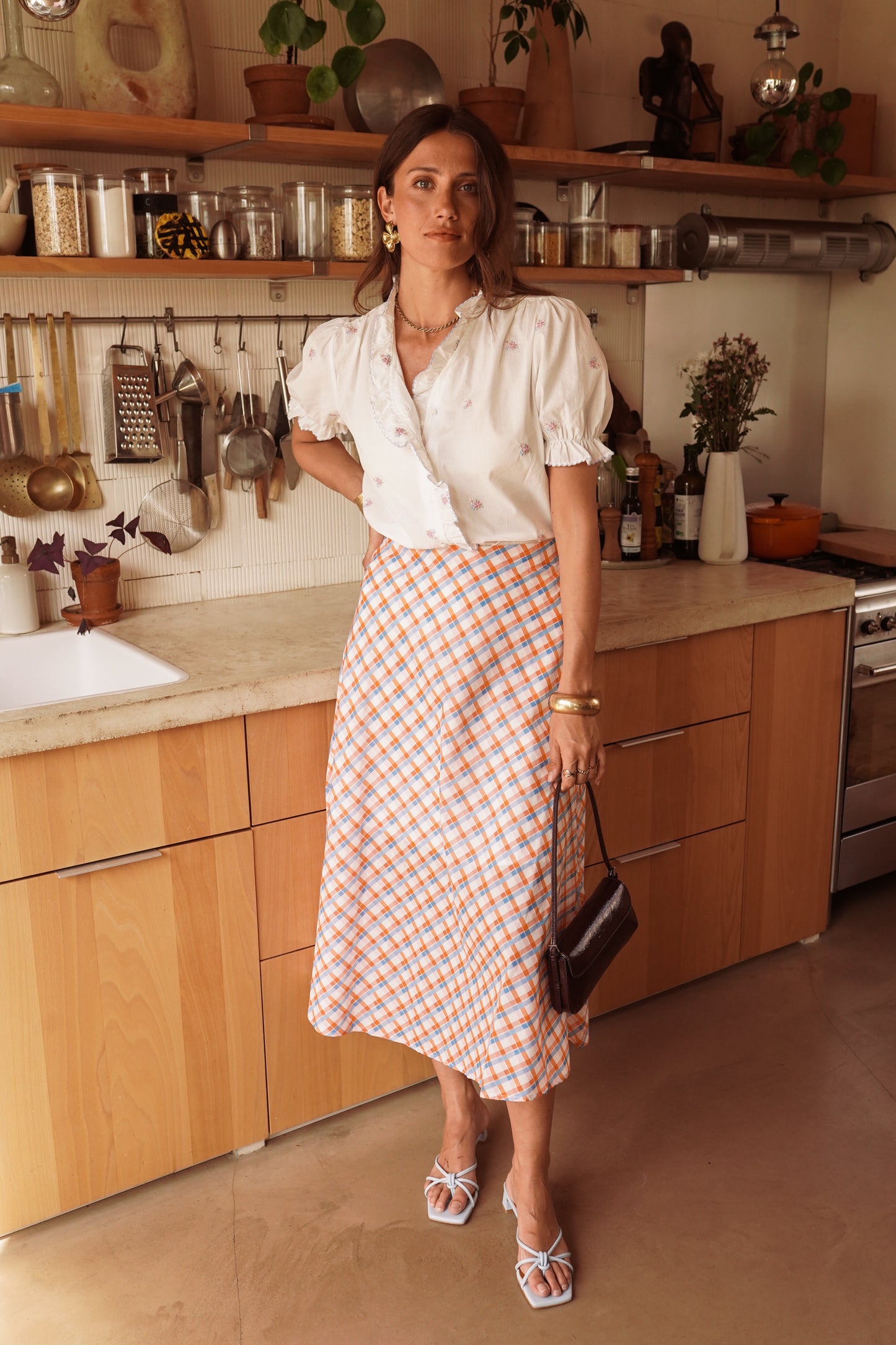 Orange/Blue Retro Check Flared Midi Skirt