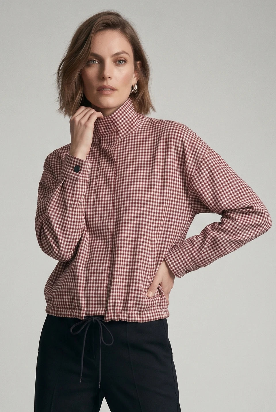 Burgundy Check Funnel Neck Jacket