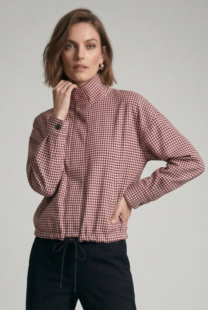 Burgundy Check Funnel Neck Jacket