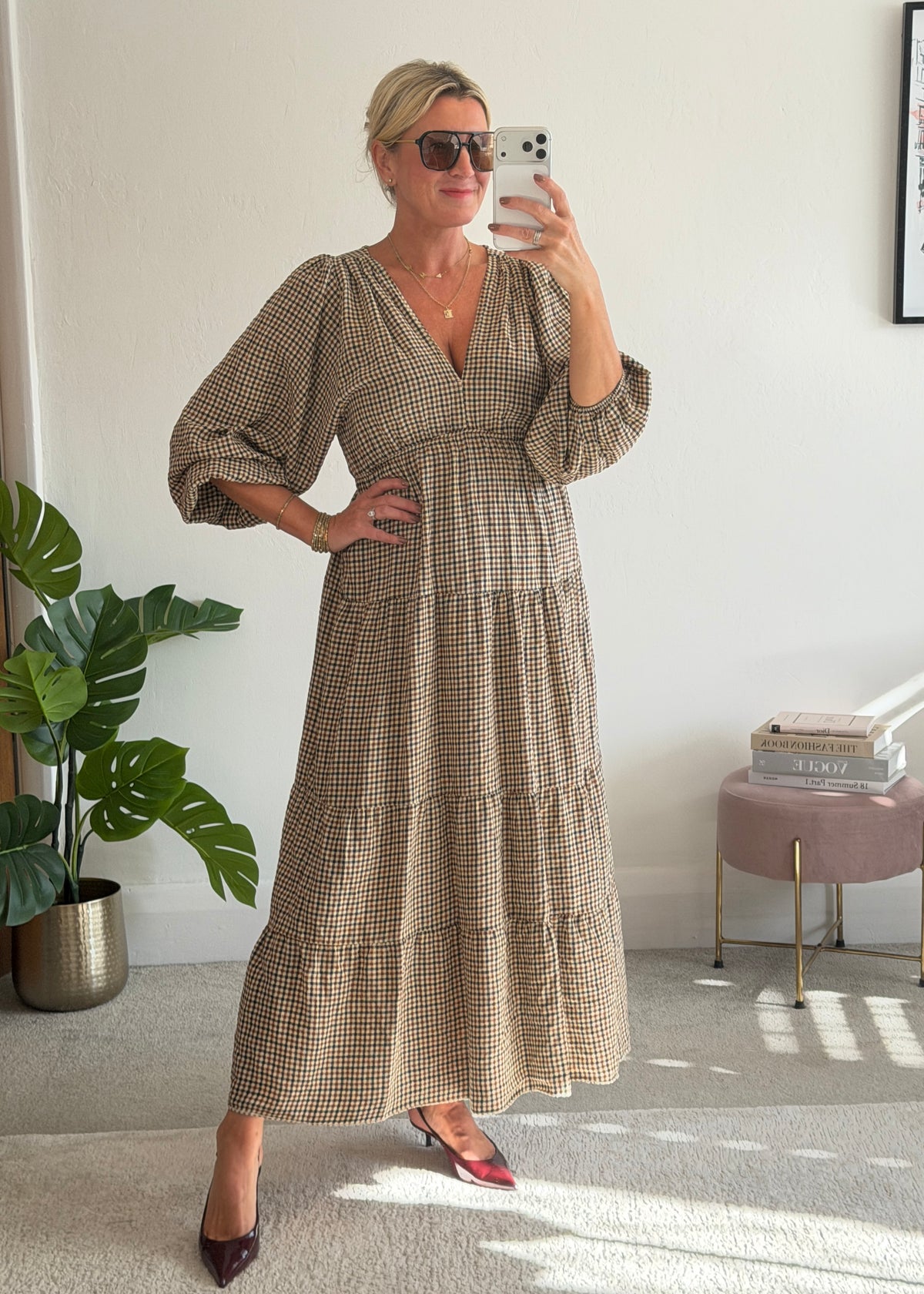 Cream Heritage Check V-Neck Tiered Dress