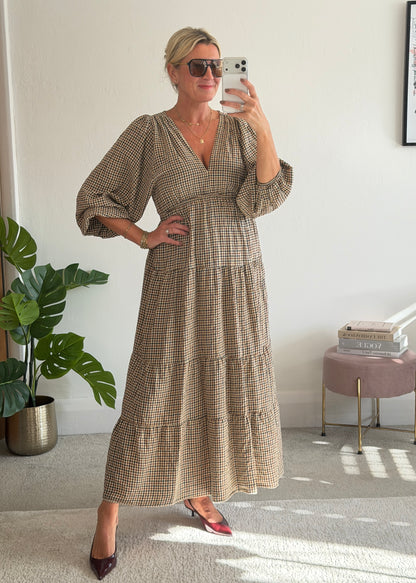 Cream Heritage Check V-Neck Tiered Dress