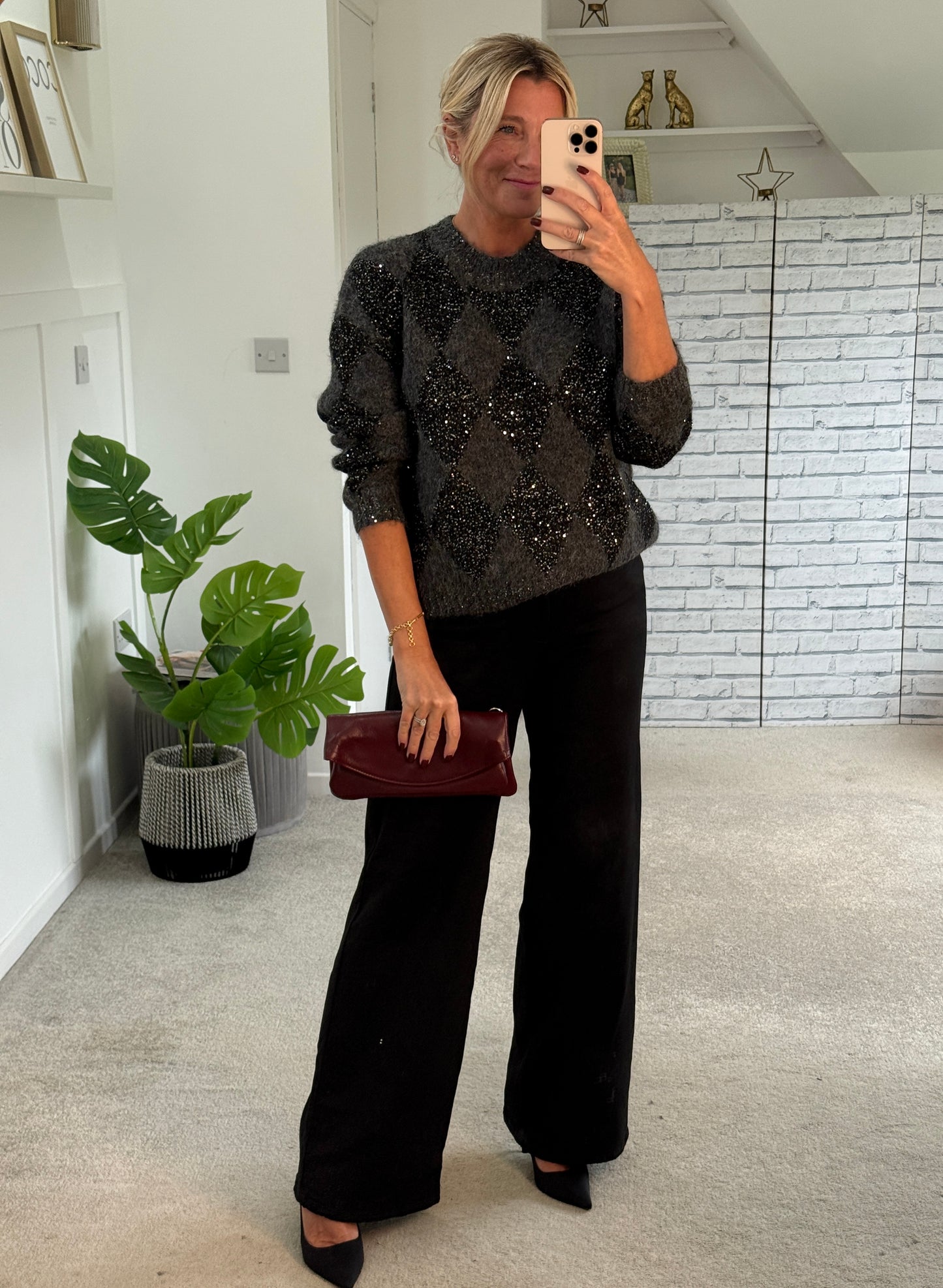 Grey Sequin Argyle Diamond Knit Jumper