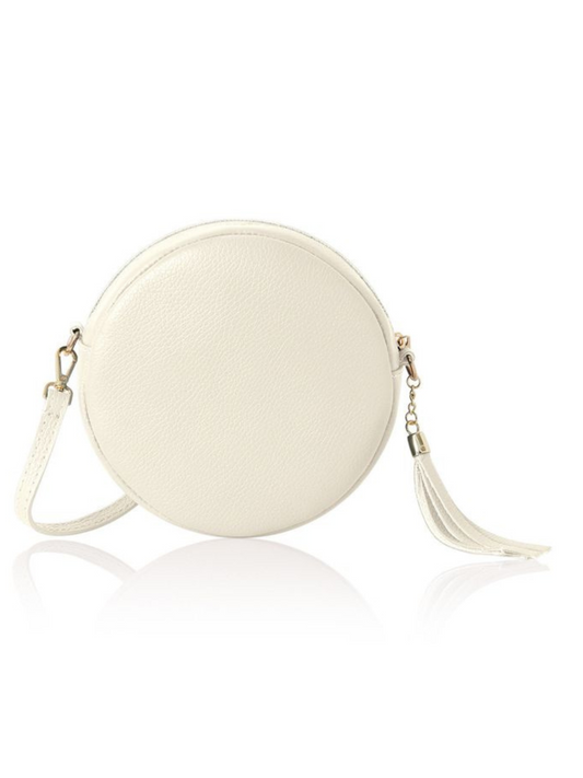 Cream Leather Circle Crossbody Bag