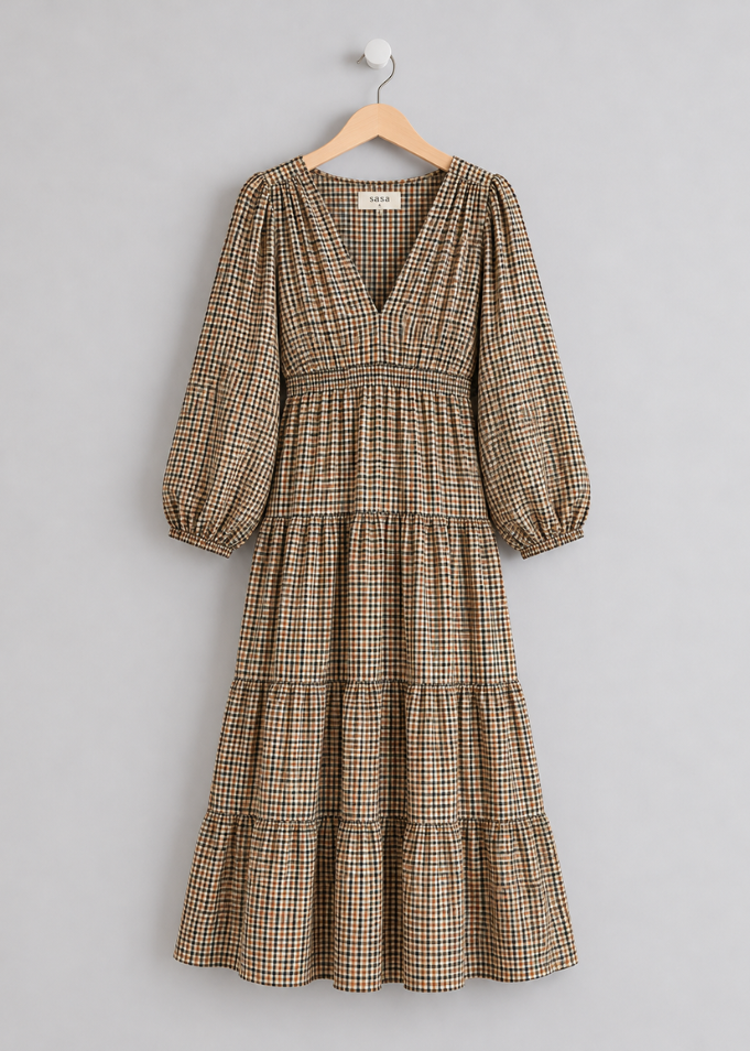 Navy Heritage Check V-Neck Tiered Dress