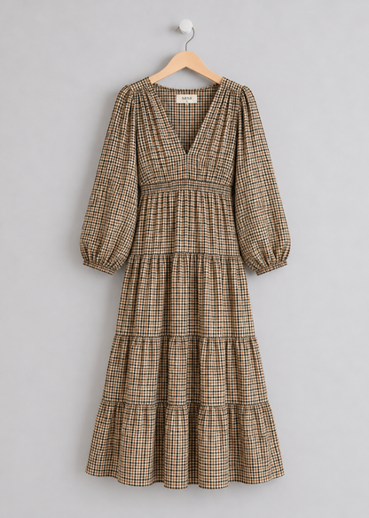 Navy Heritage Check V-Neck Tiered Dress