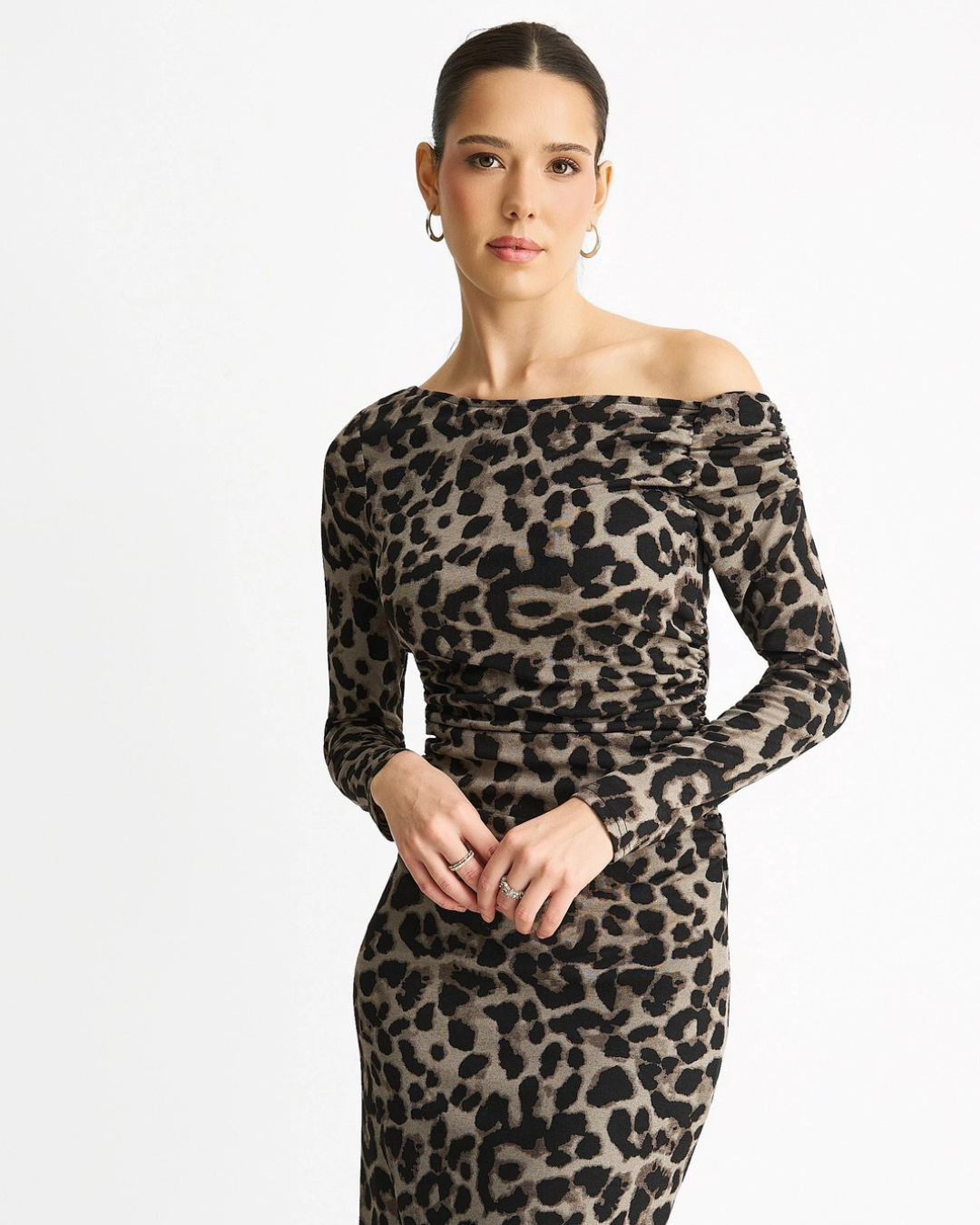 Grey Animal Jersey Animal One Shoulder Midi Dress