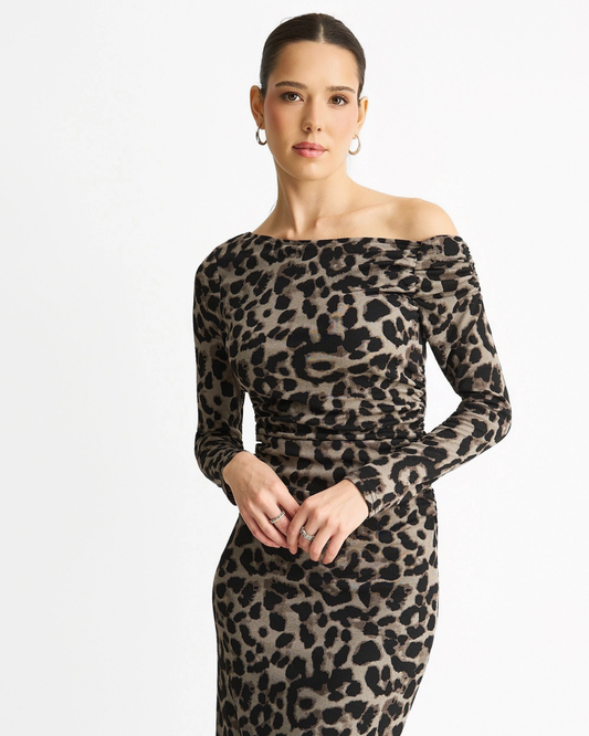 Grey Animal Jersey Animal One Shoulder Midi Dress