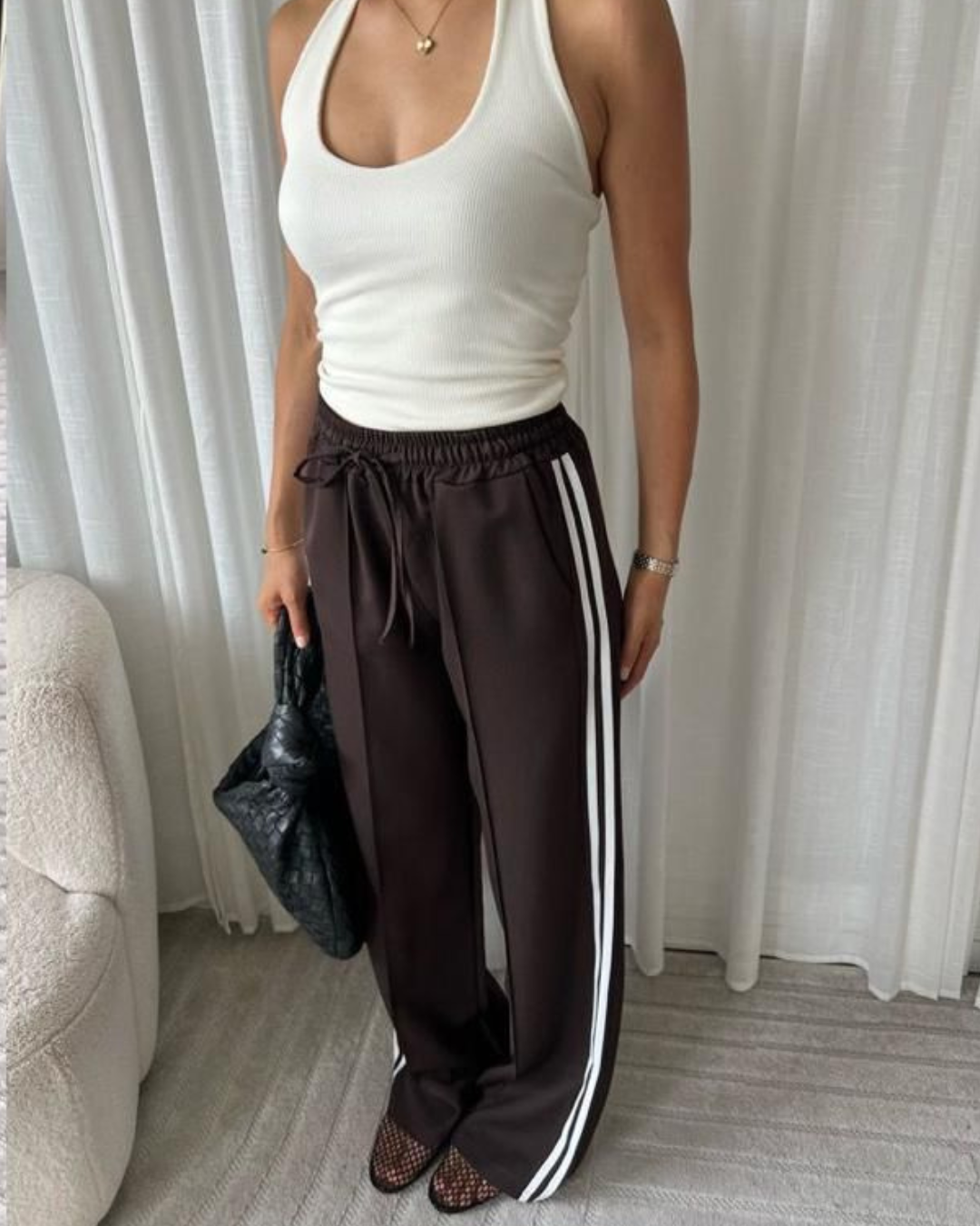Grey Twill Double Stripe Wide Leg Trousers