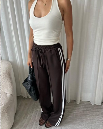 Grey Twill Double Stripe Wide Leg Trousers