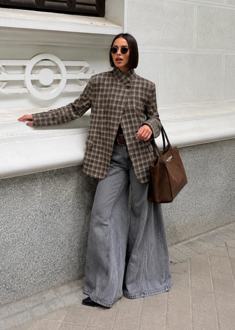 Taupe/Choc Check Asymmetric Button Blazer