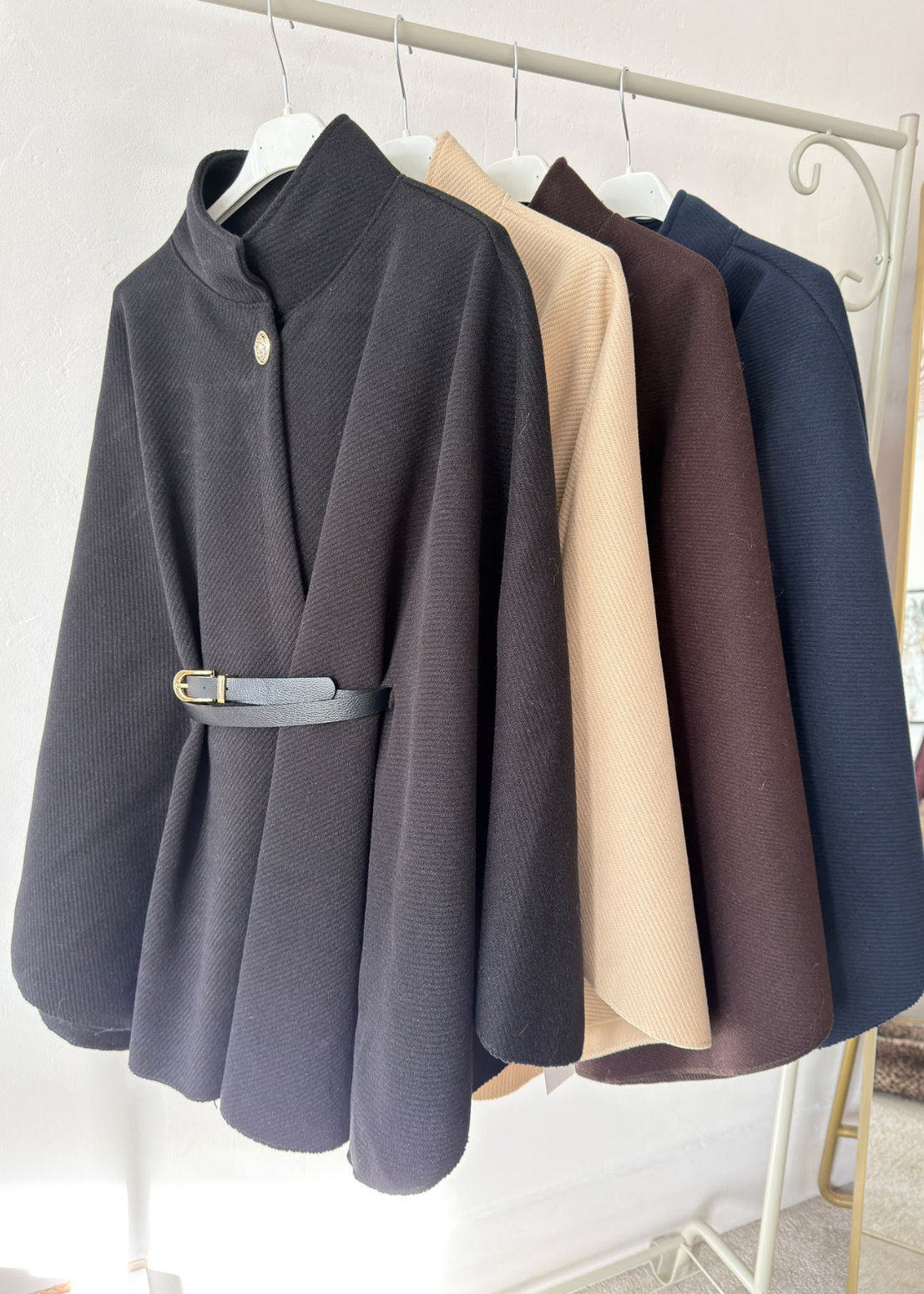 Black Funnel Neck Belted Cape Jacket