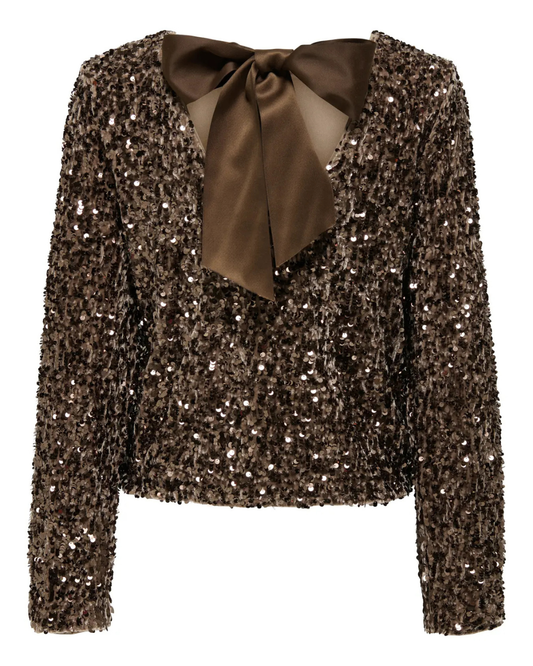Chestnut Sequin Satin Bow Back Top