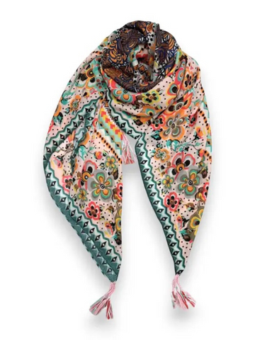 Cream/Pink Summer Flower Tassel Square Scarf