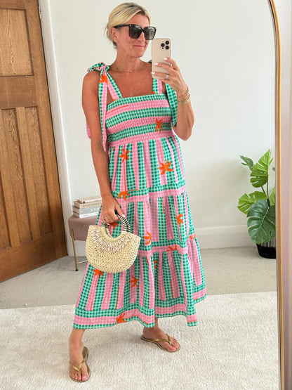 Green/Pink Gingham/Palm Shirred Maxi Dress