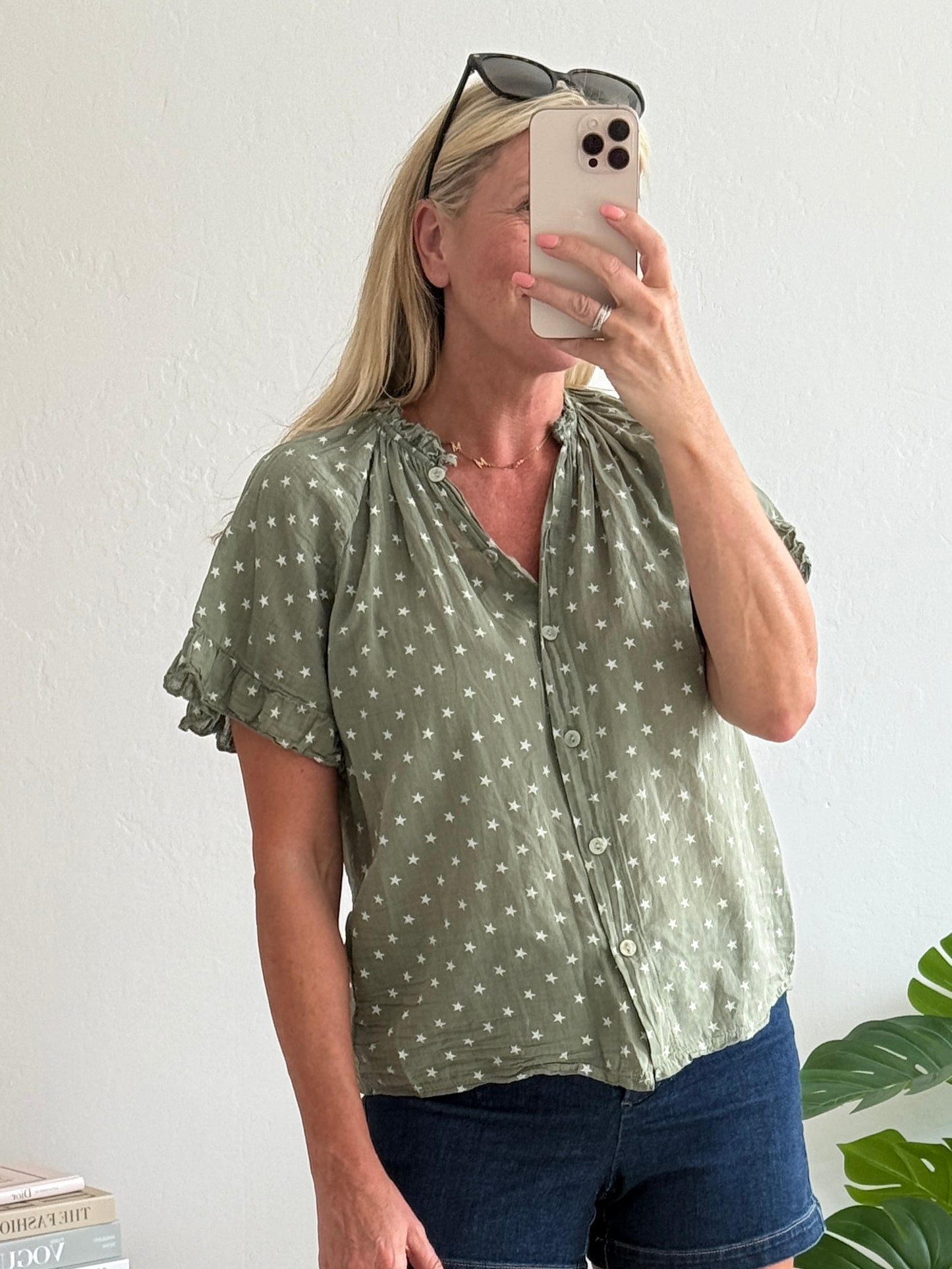 Navy Star Frill Sleeve Blouse