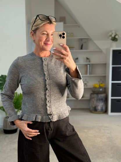 Grey Ruffled Buttoned Cardigan