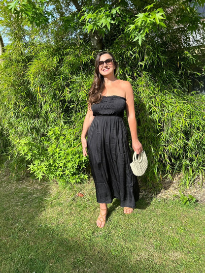Black Strapless Shirred Dress