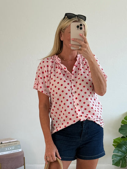 Red/Pink Polka Dot Frill Sleeve Blouse