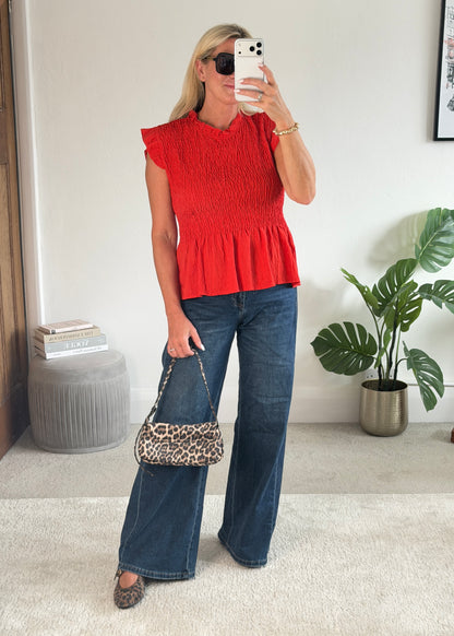 Red Smocked Peplum Top