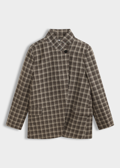 Taupe/Choc Check Asymmetric Button Blazer