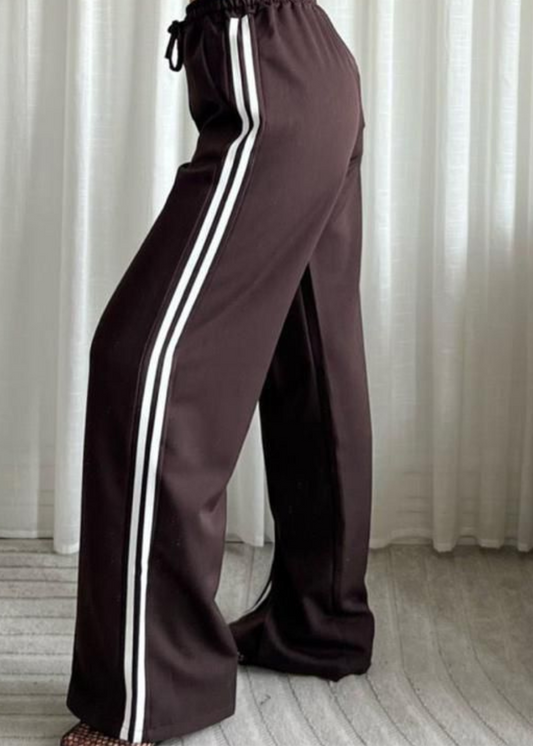 Brown Twill Double Stripe Wide Leg Trousers