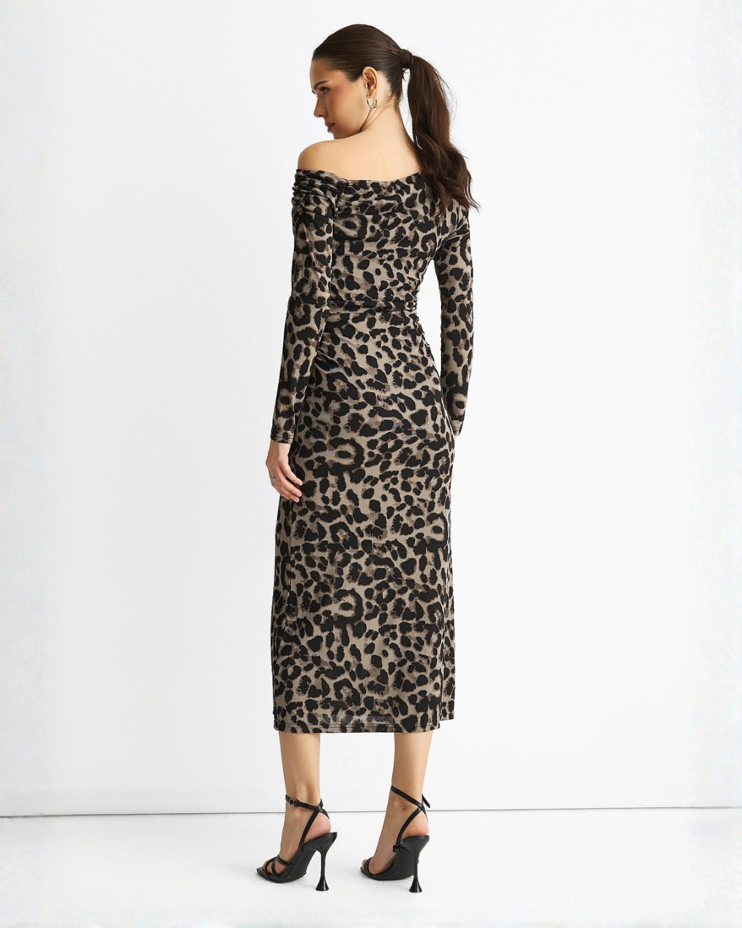 Grey Animal Jersey Animal One Shoulder Midi Dress