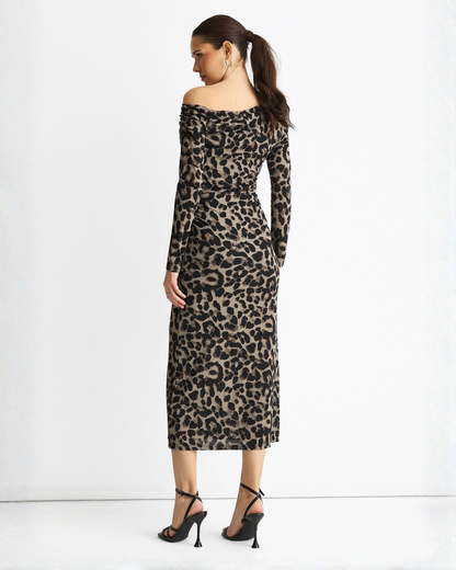 Grey Animal Jersey Animal One Shoulder Midi Dress