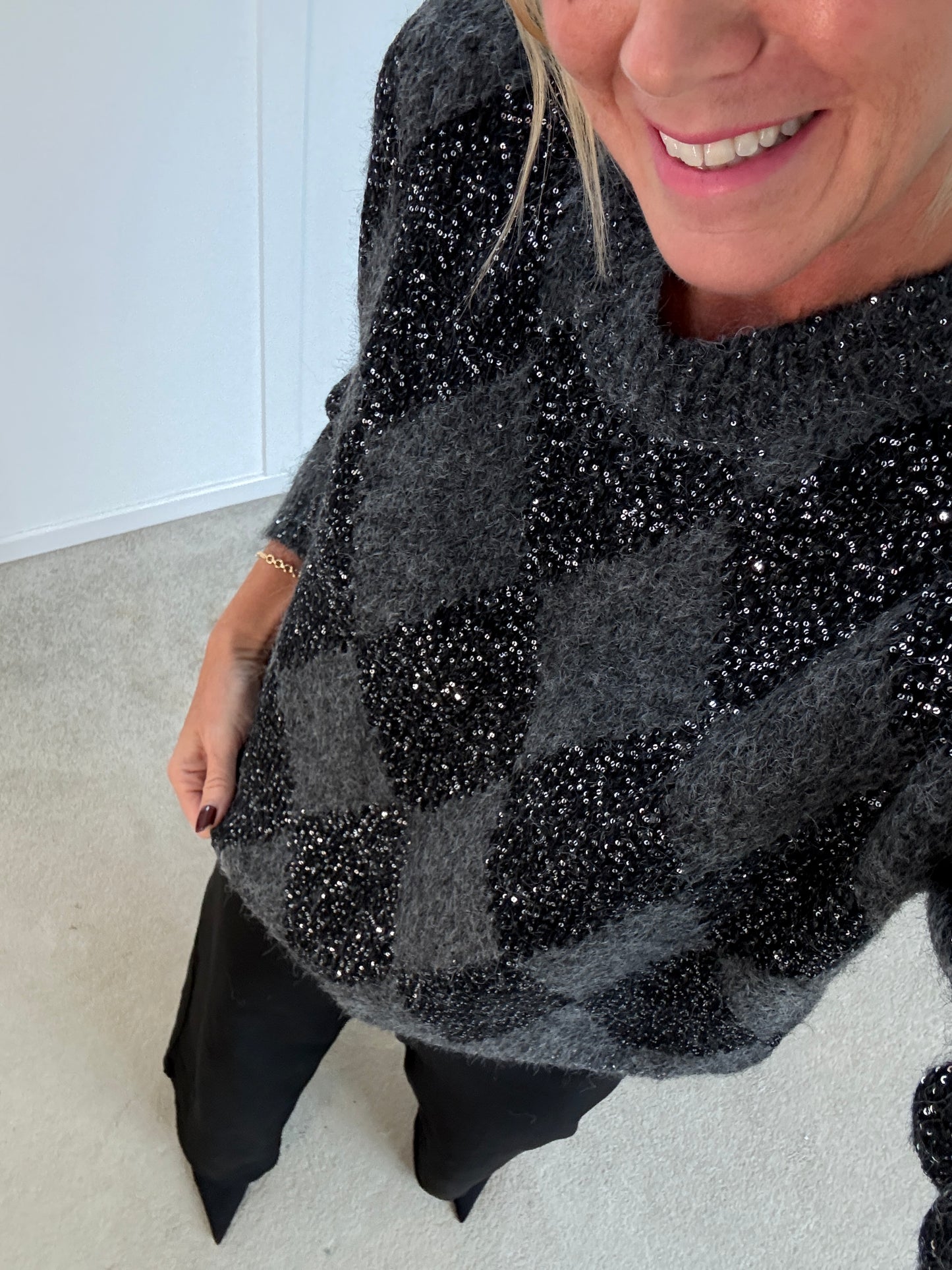 Grey Sequin Argyle Diamond Knit Jumper