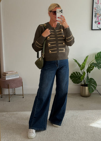 Khaki Military Zip Front Knitted Cardi