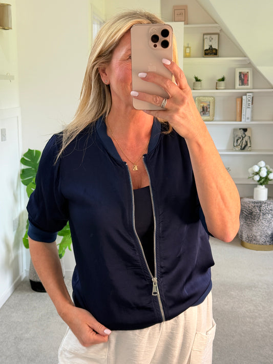 Navy Silk Mix 1/2 Sleeve Bomber Jacket