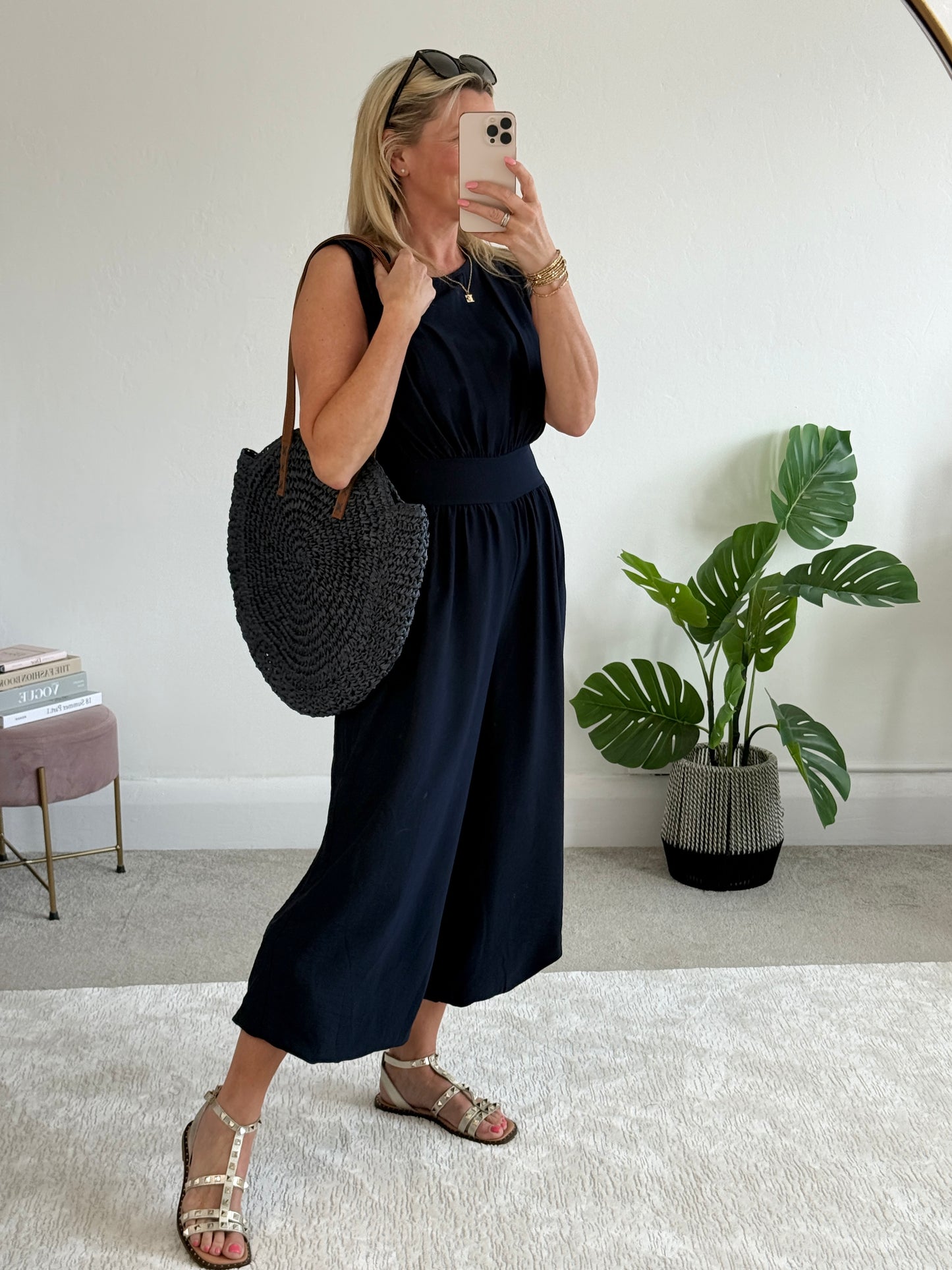 Navy Elasticated Sleeveless Harem Jumpsuit