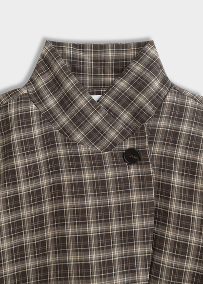 Taupe/Choc Check Asymmetric Button Blazer