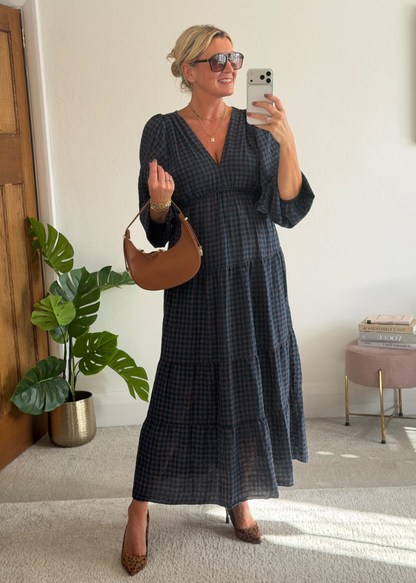 Navy Heritage Check V-Neck Tiered Dress