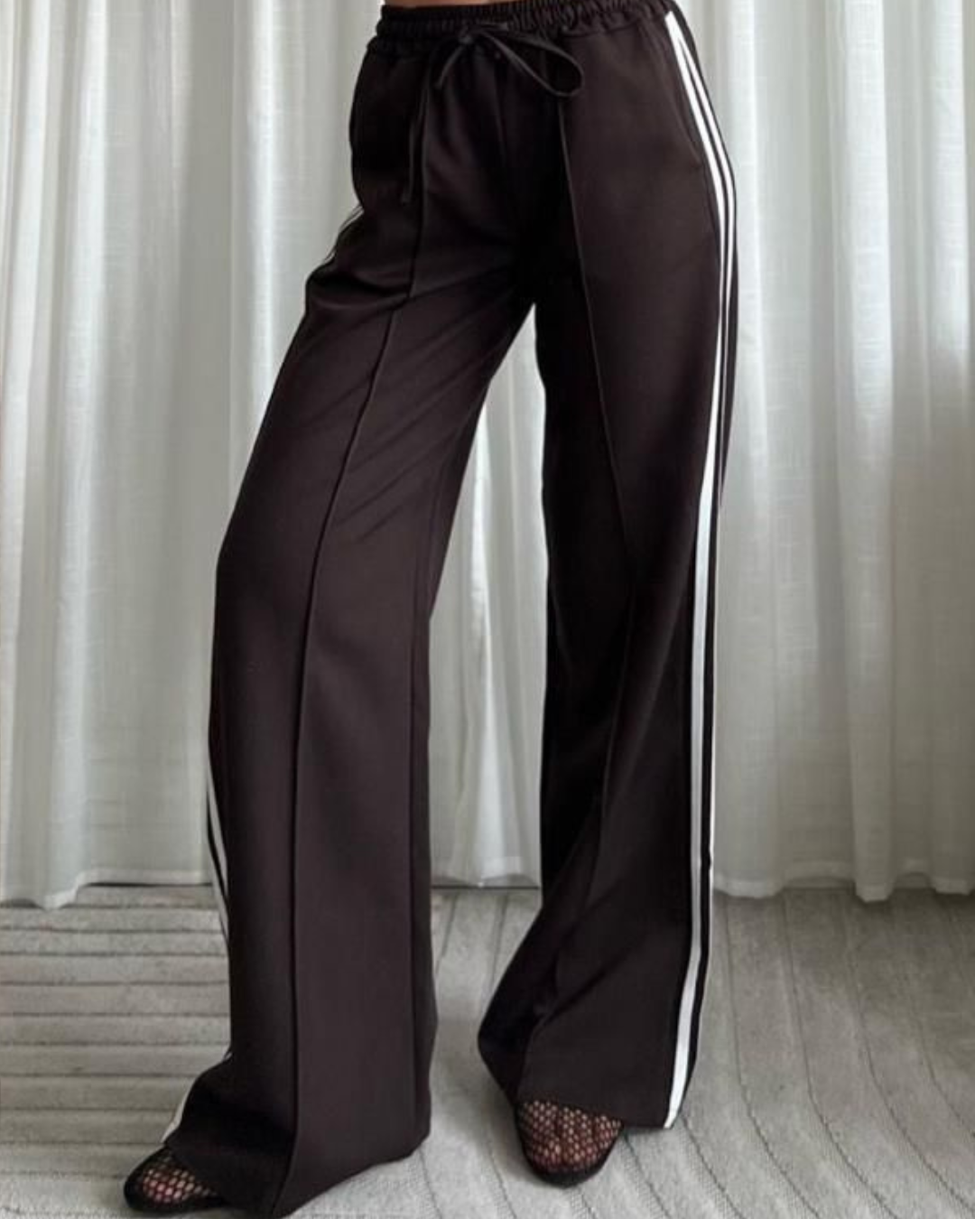 Grey Twill Double Stripe Wide Leg Trousers