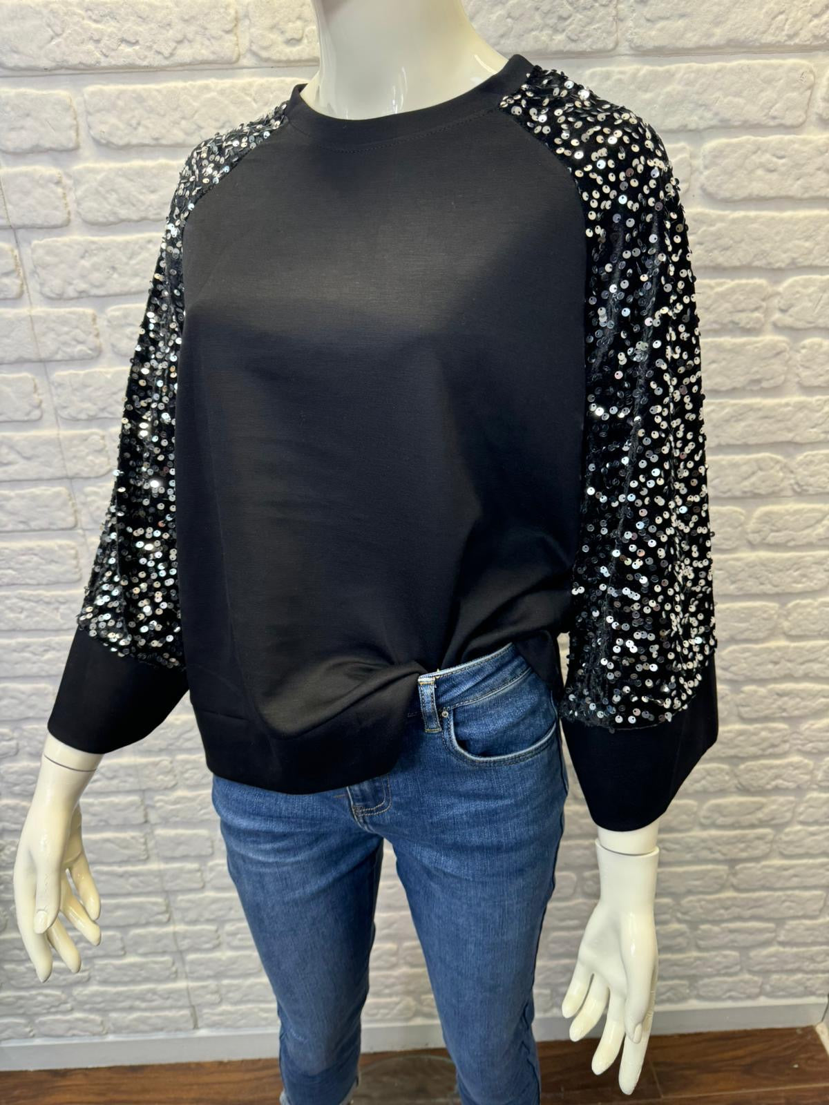 Black/Gold Sequin Sleeve Soft Top