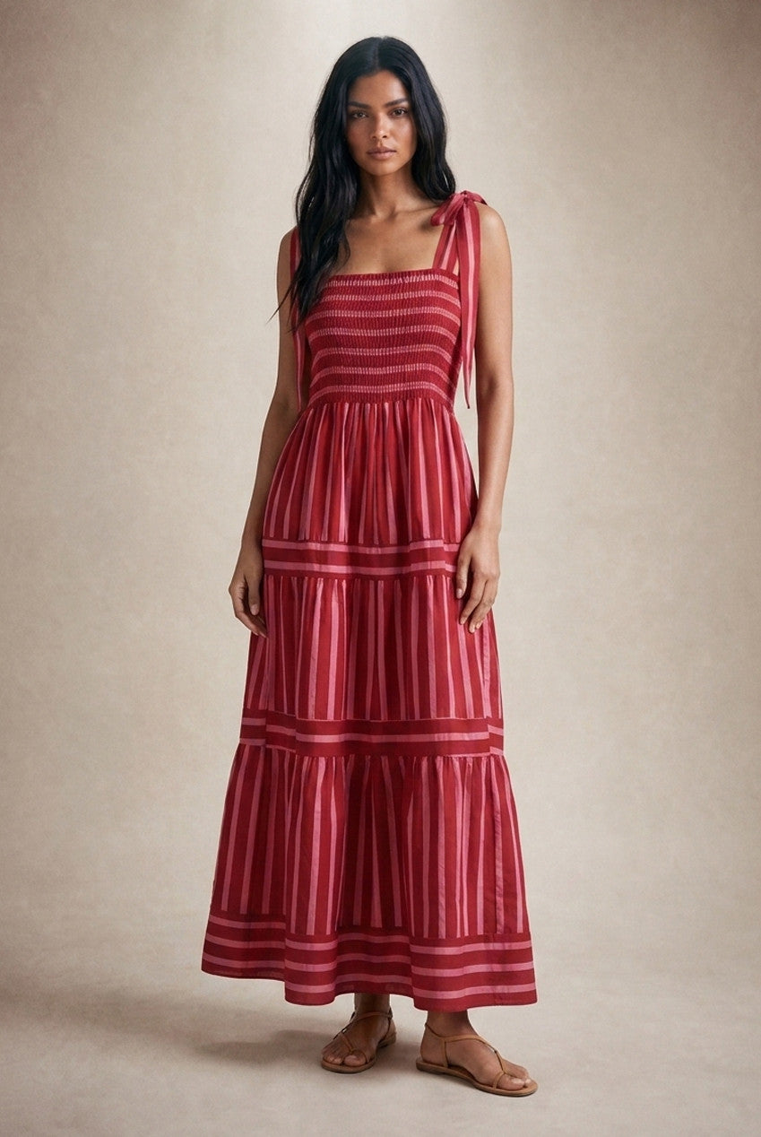 Pink/Red Striped Shirred Maxi Dress