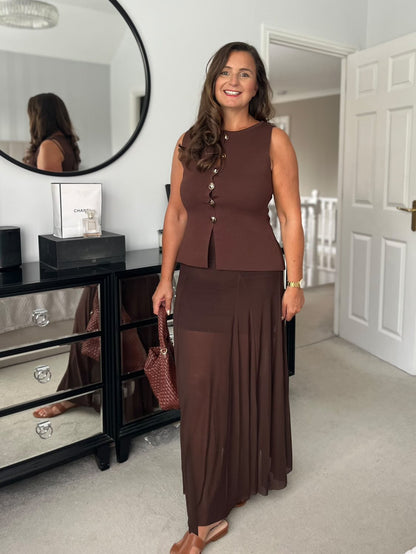 Chocolate Strappy Mesh Maxi Dress